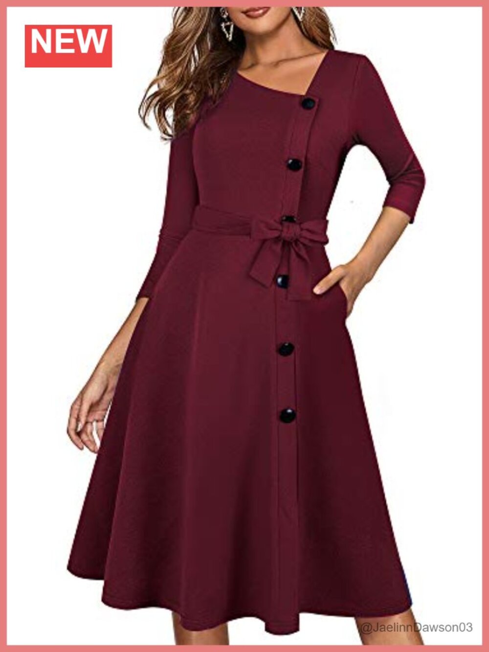 Vintage 1950s Asymmetrical Neckline 3/4 Sleeve A-Line Swing Dress
